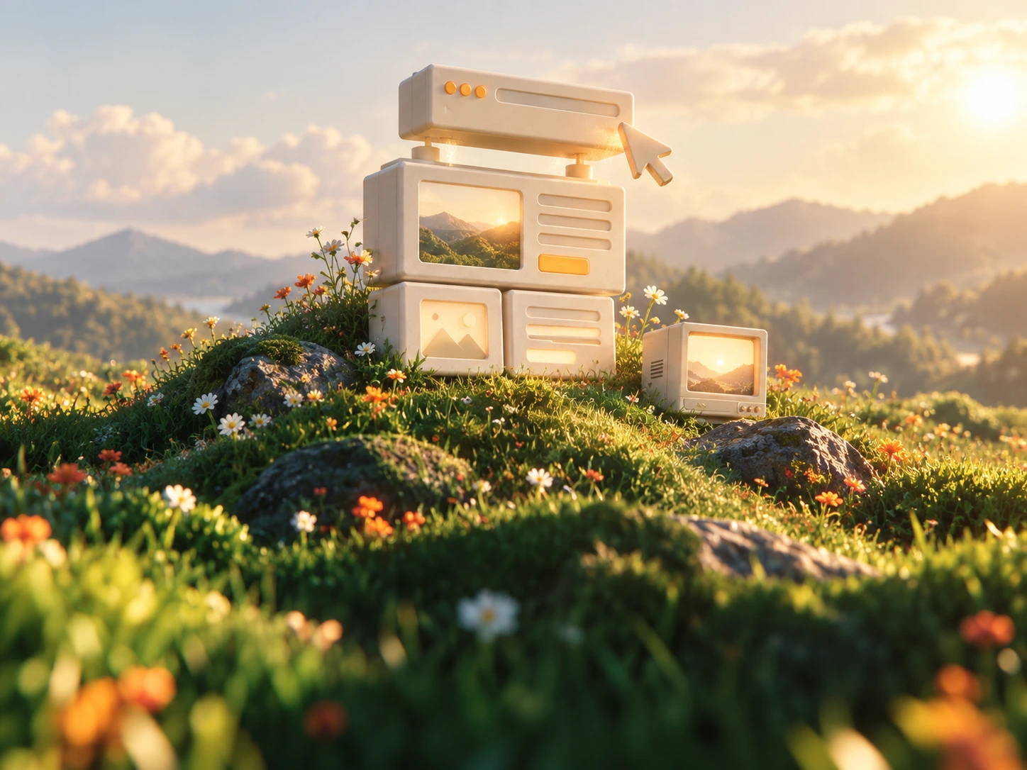 Ivory modular website blocks and a cursor on a grassy wildflower hill in warm sunlight