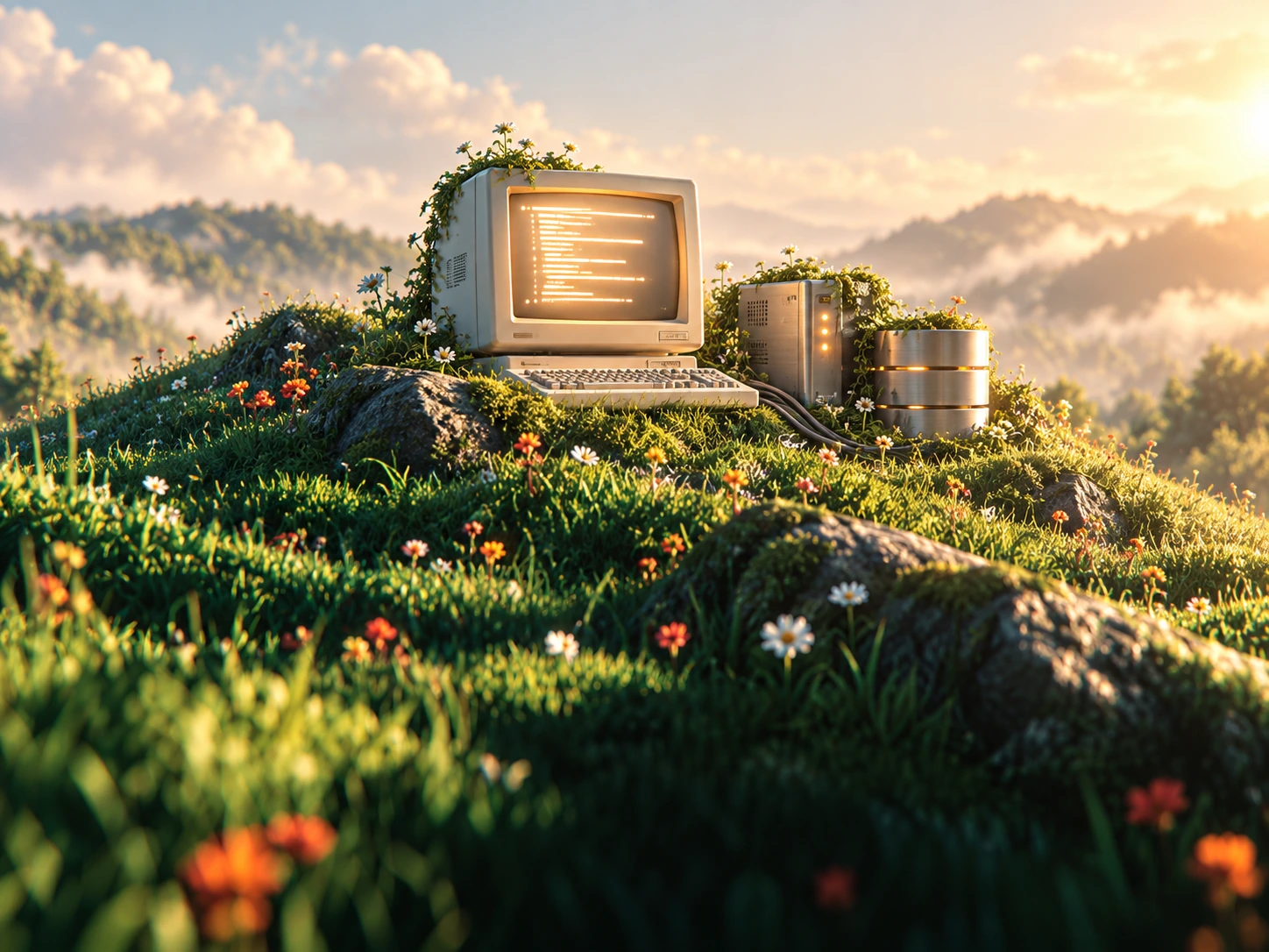 Vintage computer, server and database nestled among grass and wildflowers on a sunlit hill